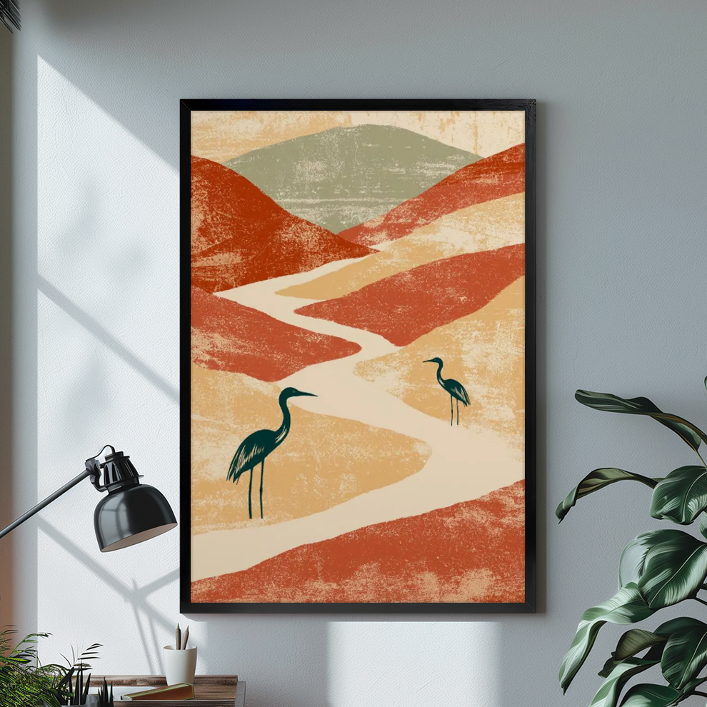 Black framed herons among terracotta hills canvas on a pale wall above a desk and plant.