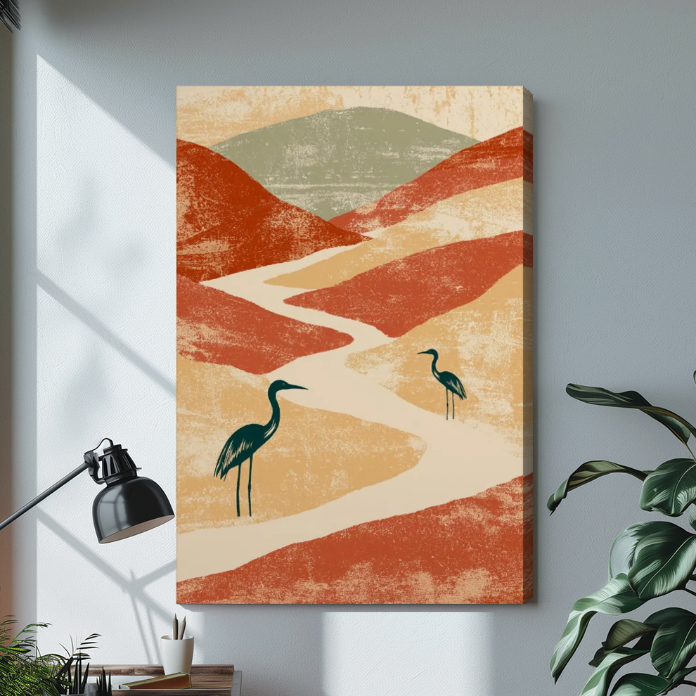 Stretched herons among terracotta hills canvas with a shaded wrapped edge in the selected room setting.