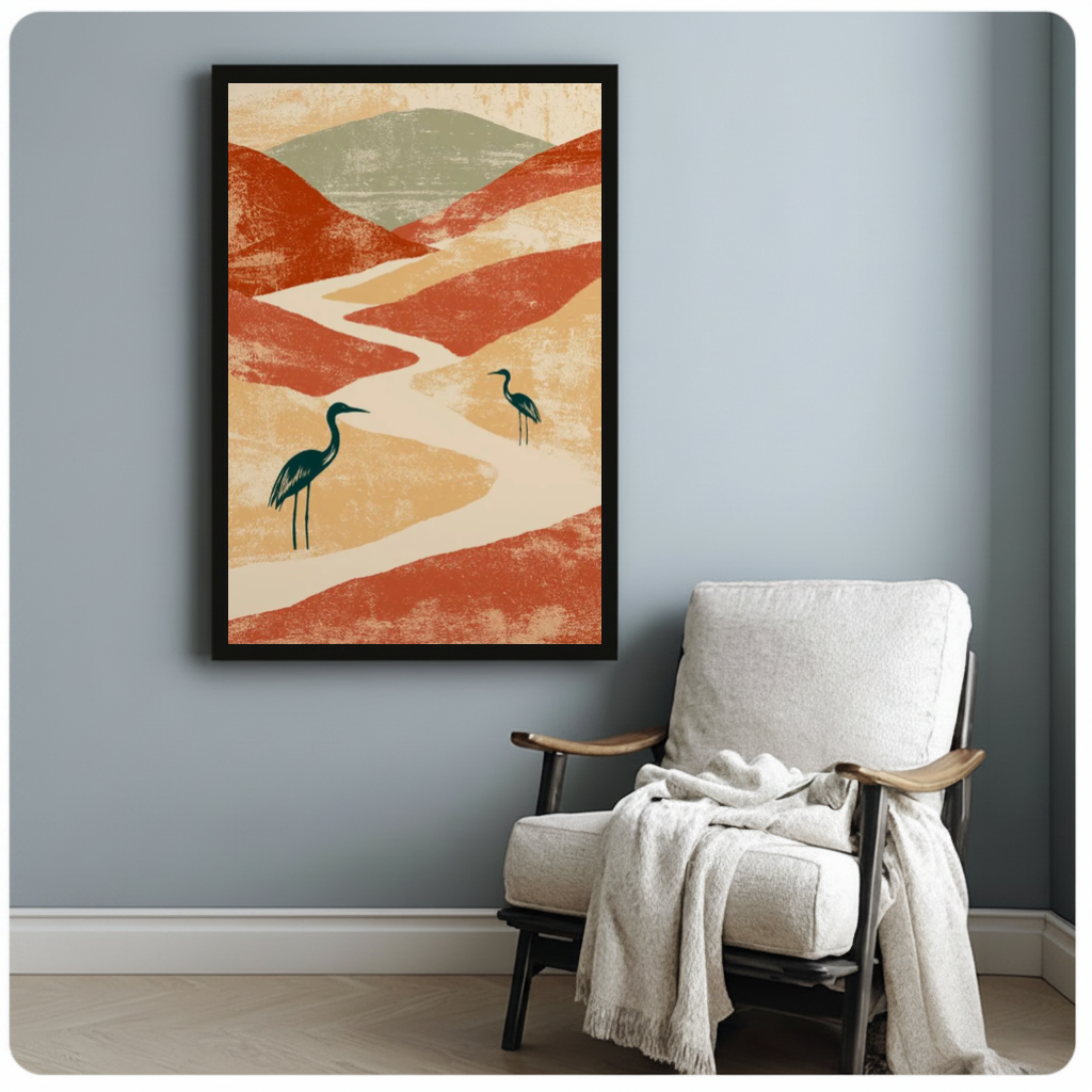 Framed herons among terracotta hills canvas beside a pale reading chair on a blue gray wall.