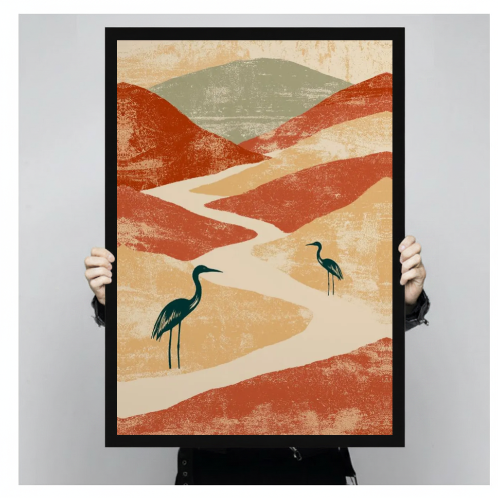 Framed herons among terracotta hills canvas held by a person against a light neutral background.