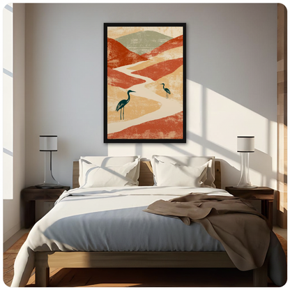 Framed herons among terracotta hills canvas above a neutral bed beside soft bedroom lighting and lamps.
