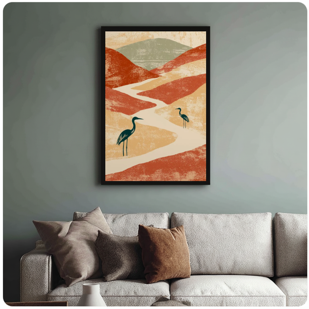 Framed herons among terracotta hills canvas above a neutral sofa with cushions against a muted wall.