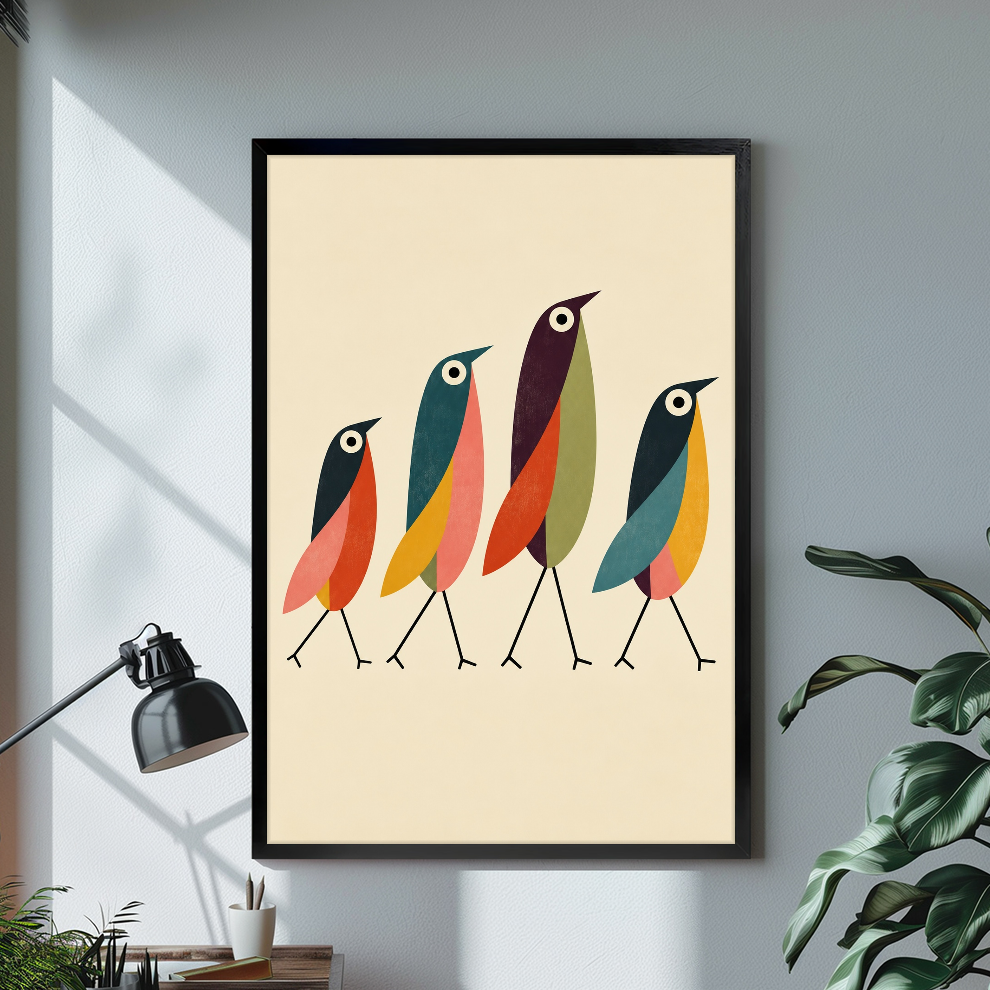 Black framed four colorful walking birds canvas on a pale wall above a desk and plant.