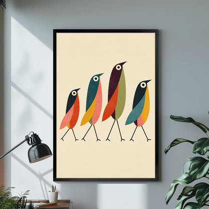 Black framed four colorful walking birds canvas on a pale wall above a desk and plant.