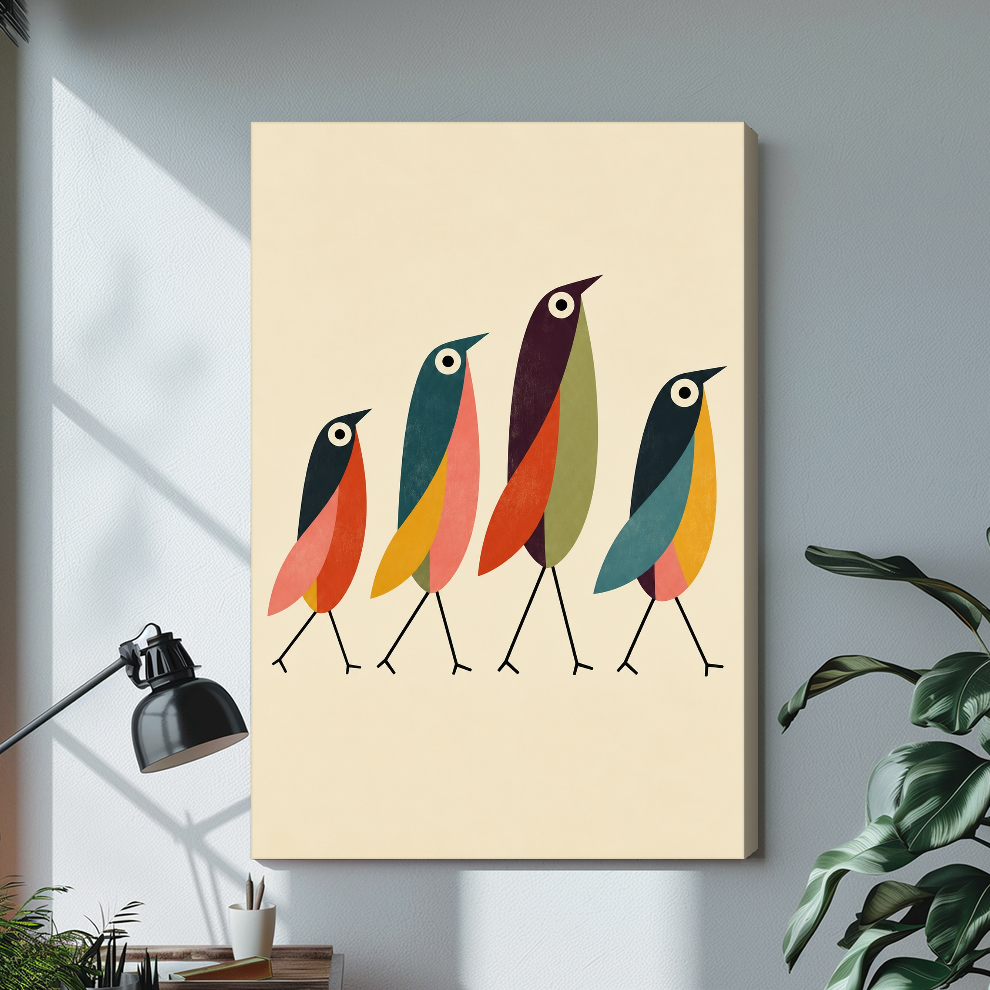 Stretched four colorful walking birds canvas with a shaded wrapped edge in the selected room setting.