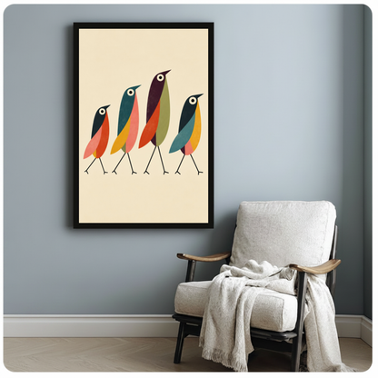 Framed four colorful walking birds canvas beside a pale reading chair on a blue gray wall.
