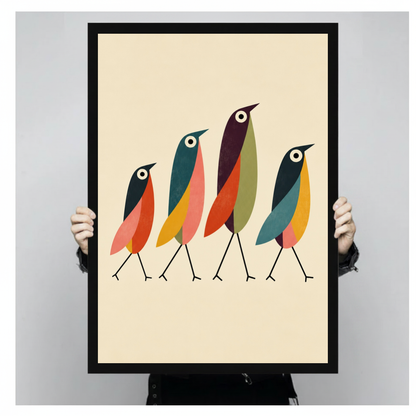 Framed four colorful walking birds canvas held by a person against a light neutral background.
