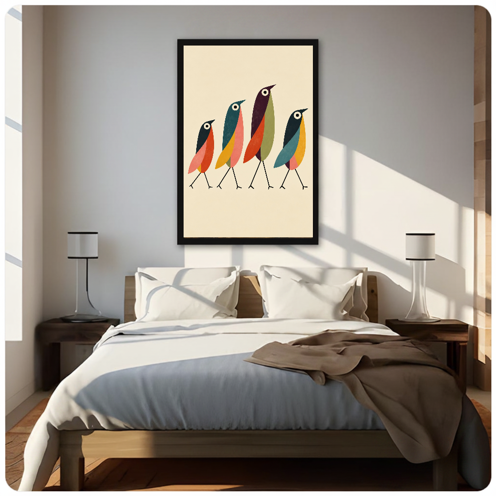 Framed four colorful walking birds canvas above a neutral bed beside soft bedroom lighting and lamps.
