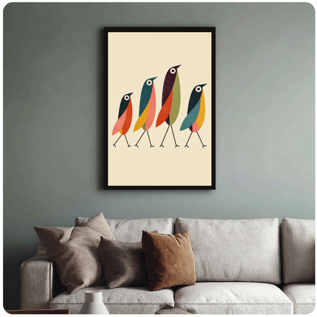 Framed four colorful walking birds canvas above a neutral sofa with cushions against a muted wall.