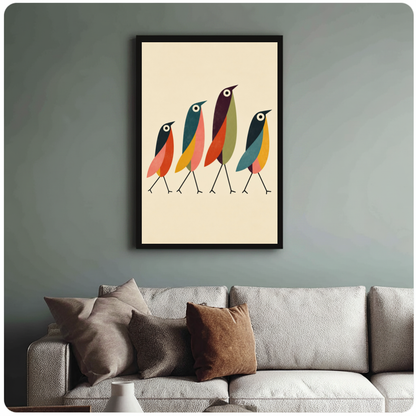 Framed four colorful walking birds canvas above a neutral sofa with cushions against a muted wall.