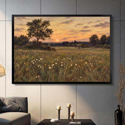 Black framed fireflies at meadow sunset canvas on a dark paneled wall beside warm candles.