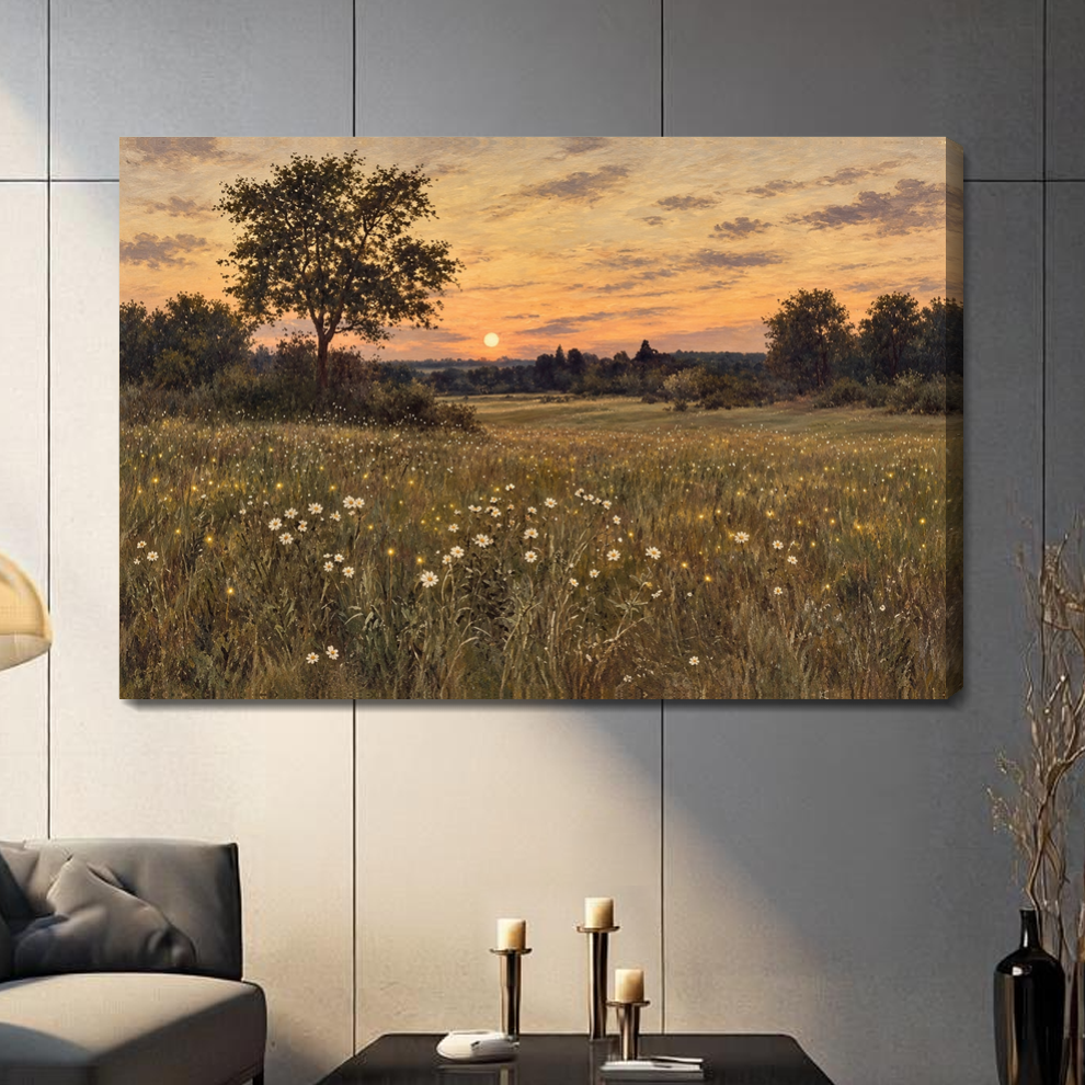 Stretched fireflies at meadow sunset canvas with a shaded wrapped edge in the selected room setting.