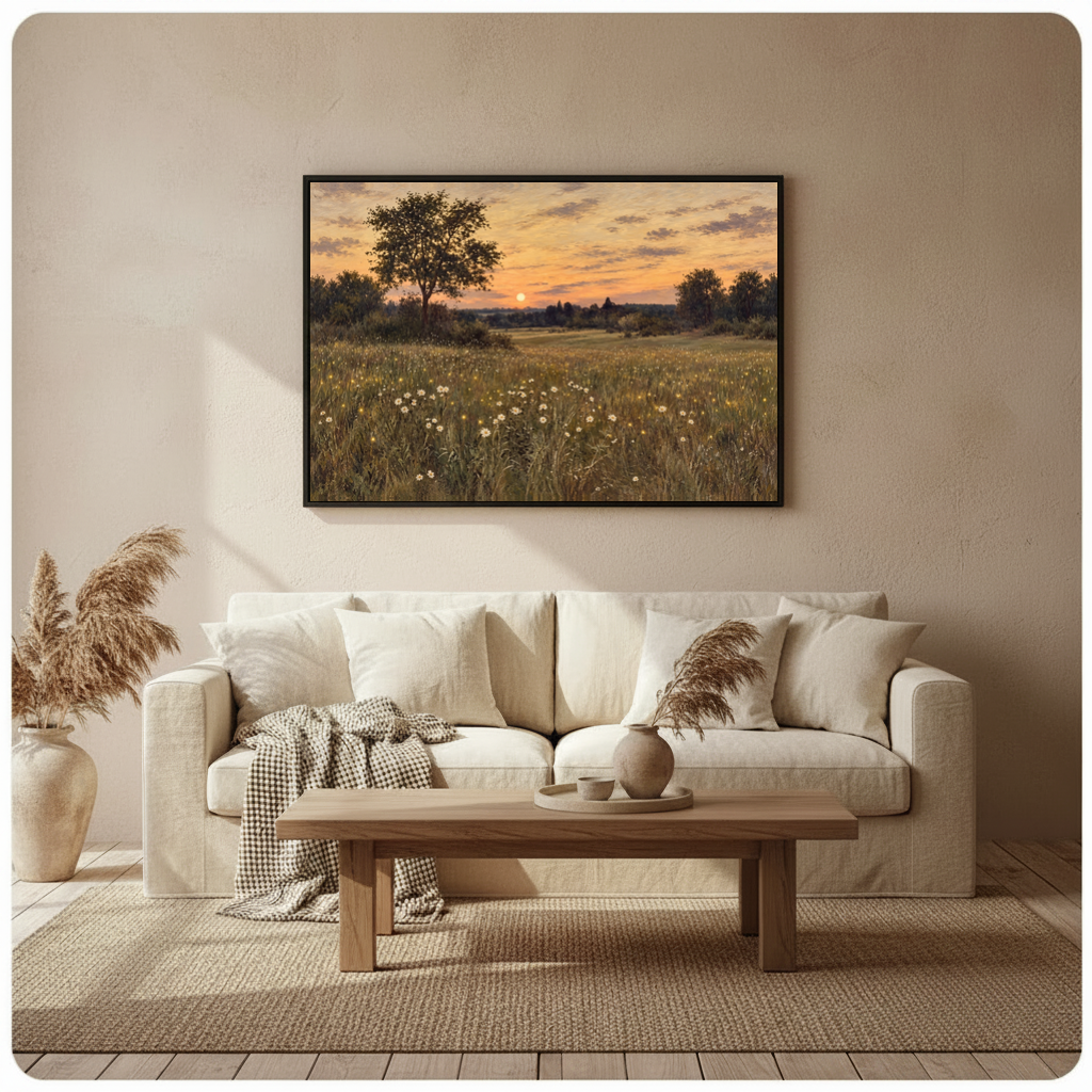 Framed fireflies at meadow sunset canvas above a neutral sofa beside pampas grass and a coffee table.
