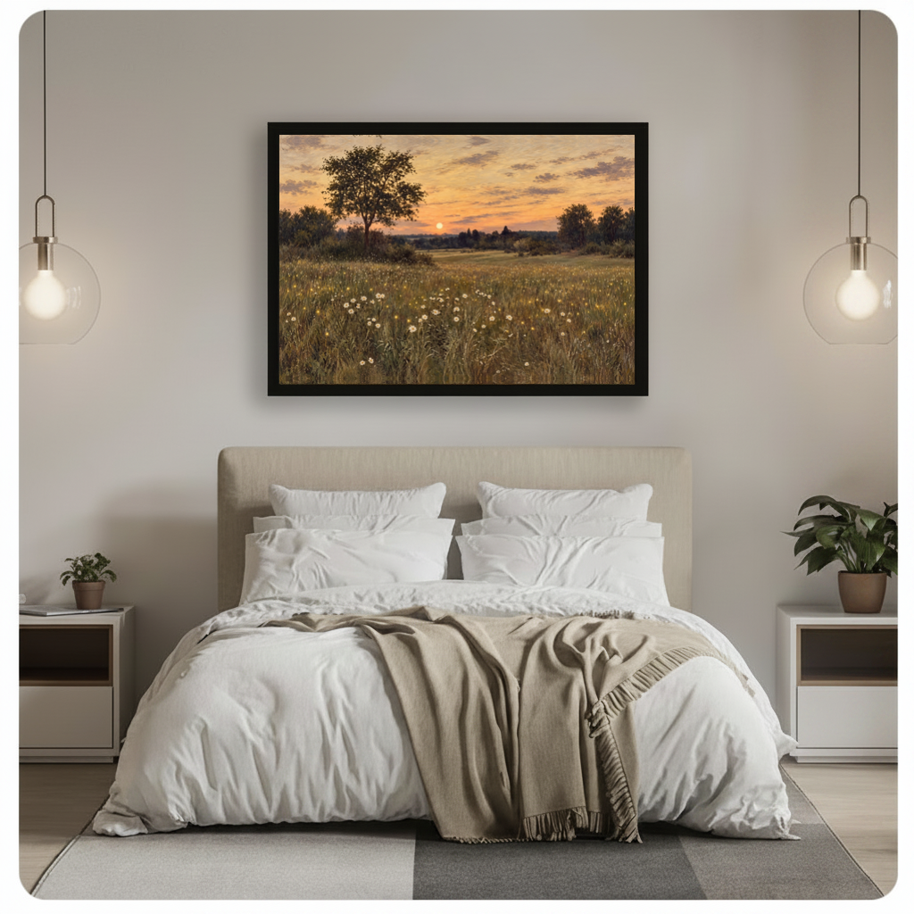 Framed fireflies at meadow sunset canvas above a gray bed between hanging pendant lamps in a neutral bedroom.