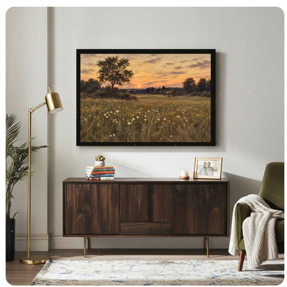 Framed fireflies at meadow sunset canvas above a wooden sideboard beside books and an angled brass lamp.
