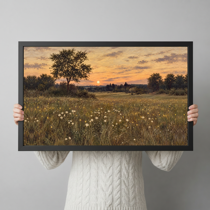 Framed fireflies at meadow sunset canvas held horizontally by a person wearing a cream sweater against a light background.