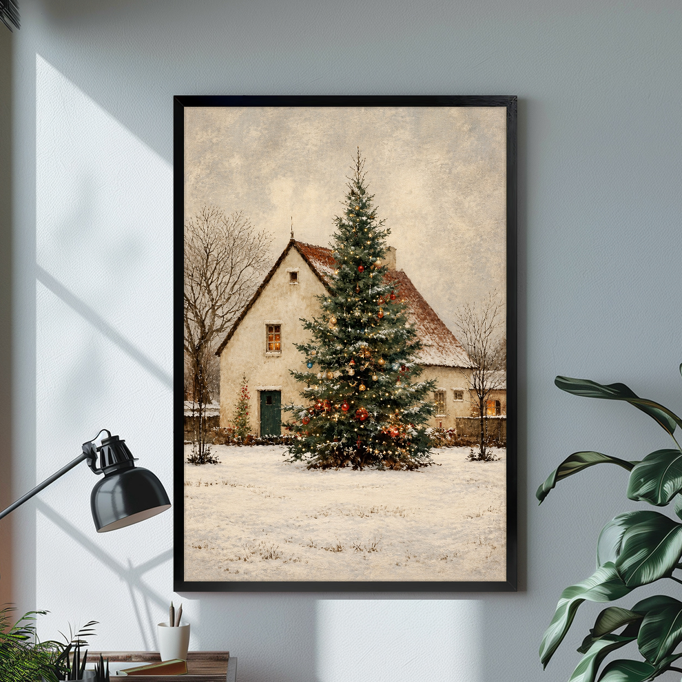 Black framed snowy cottage christmas tree canvas on a pale wall above a desk and plant.