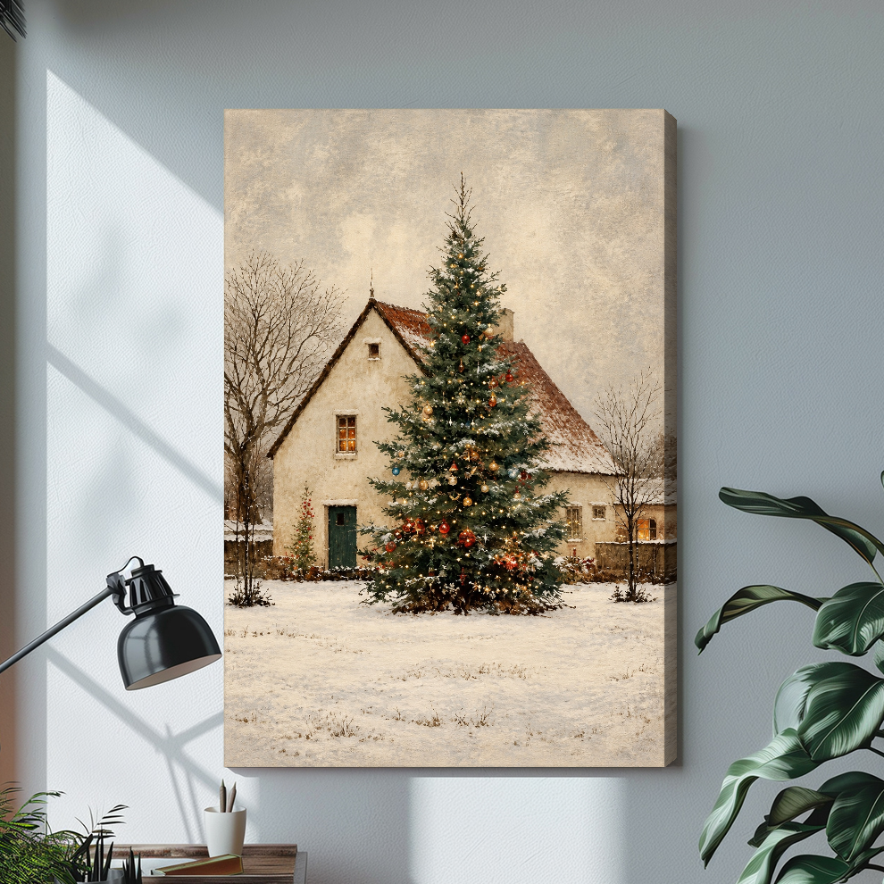 Stretched snowy cottage christmas tree canvas with a shaded wrapped edge in the selected room setting.