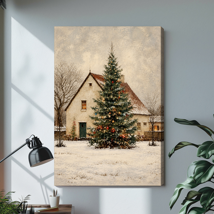 Stretched snowy cottage christmas tree canvas with a shaded wrapped edge in the selected room setting.