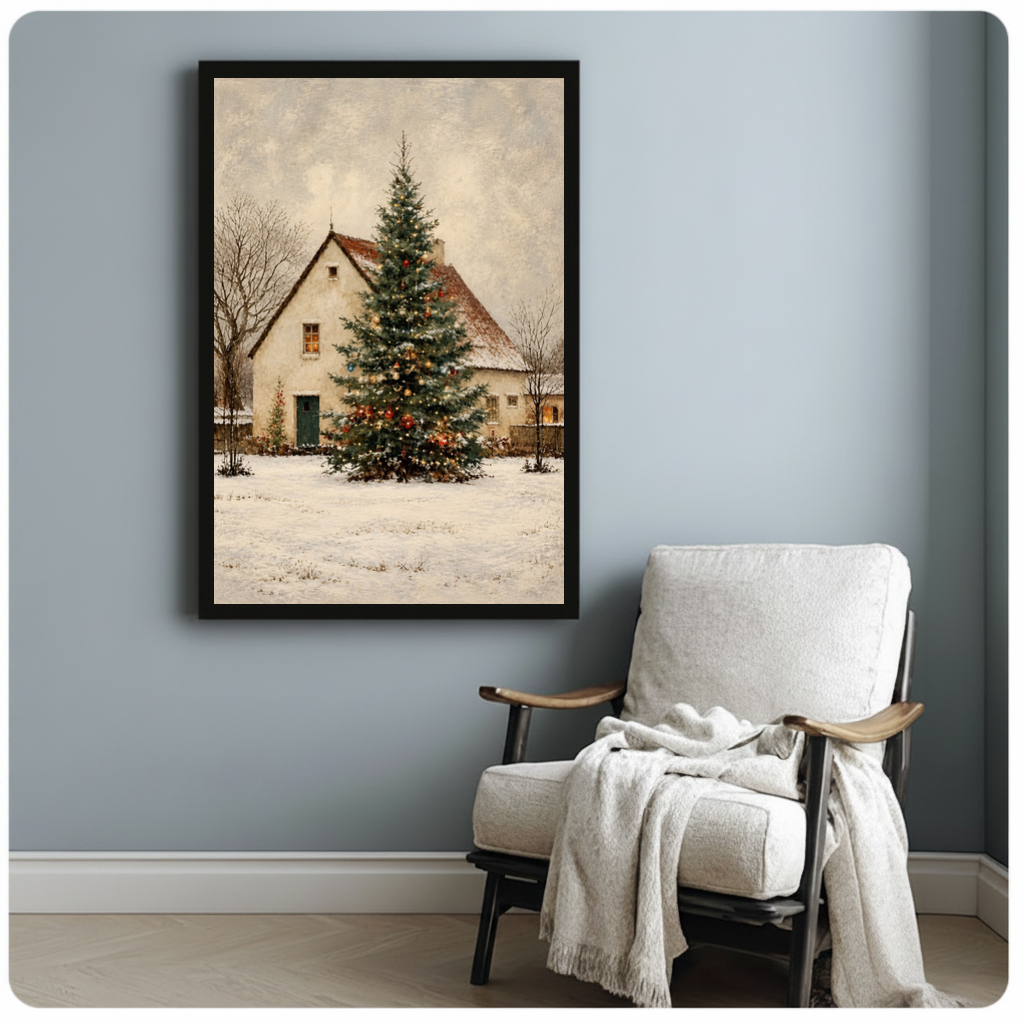 Framed snowy cottage christmas tree canvas beside a pale reading chair on a blue gray wall.