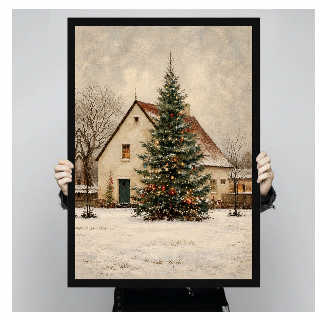 Framed snowy cottage christmas tree canvas held by a person against a light neutral background.
