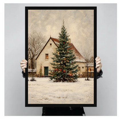 Framed snowy cottage christmas tree canvas held by a person against a light neutral background.
