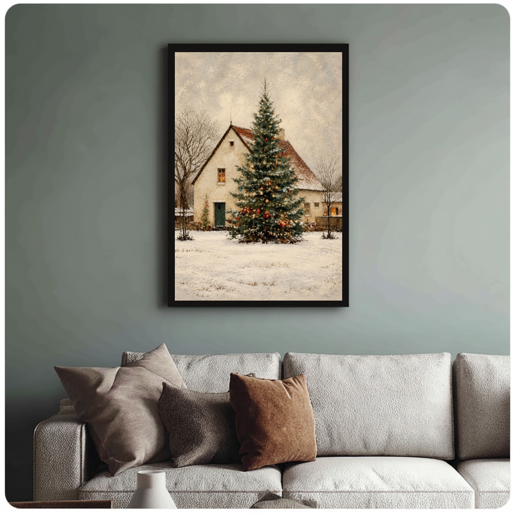 Framed snowy cottage christmas tree canvas above a neutral sofa with cushions against a muted wall.