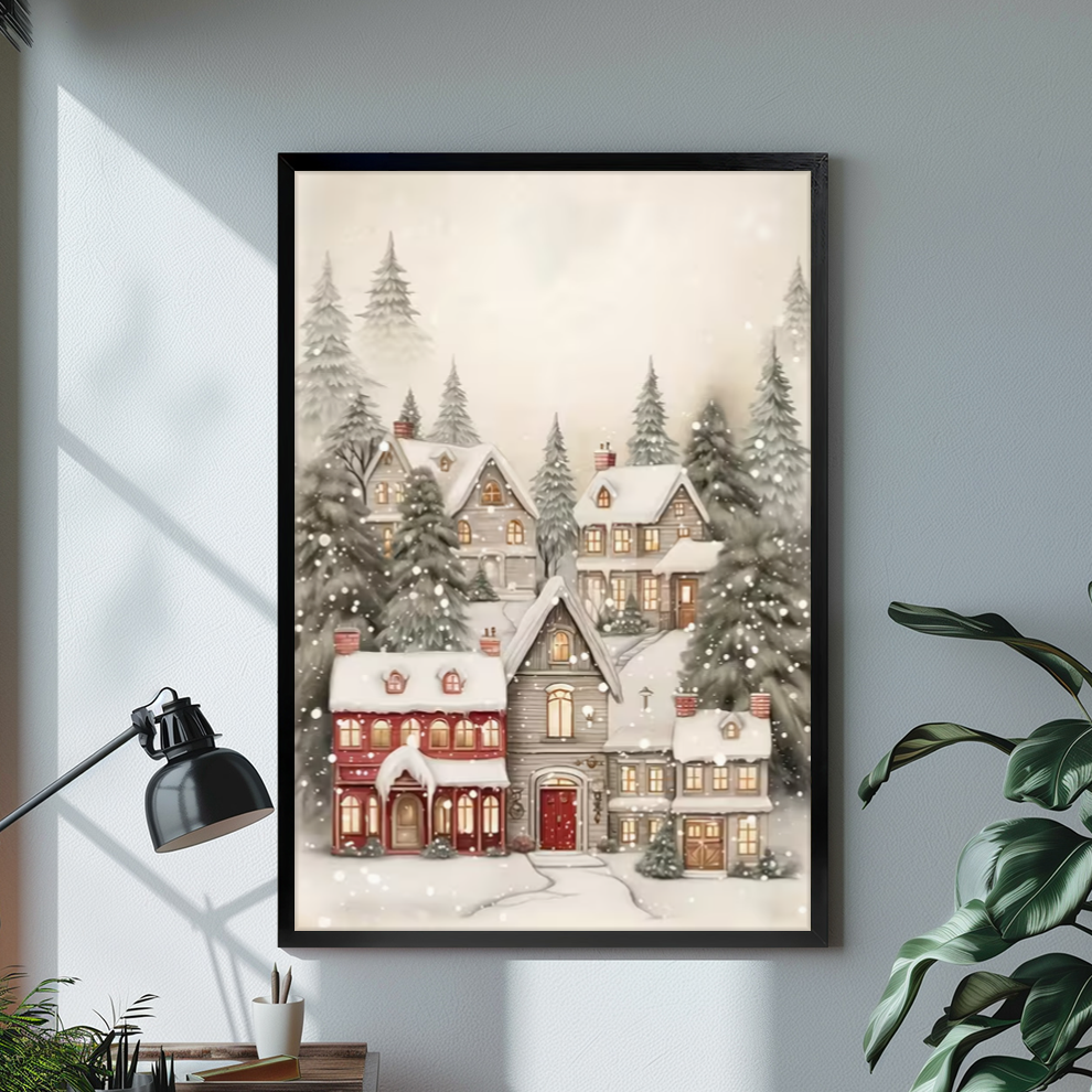 Black framed cozy snowy village canvas on a pale wall above a desk and plant.