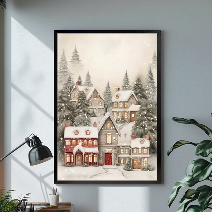 Black framed cozy snowy village canvas on a pale wall above a desk and plant.