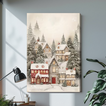 Stretched cozy snowy village canvas with a shaded wrapped edge in the selected room setting.