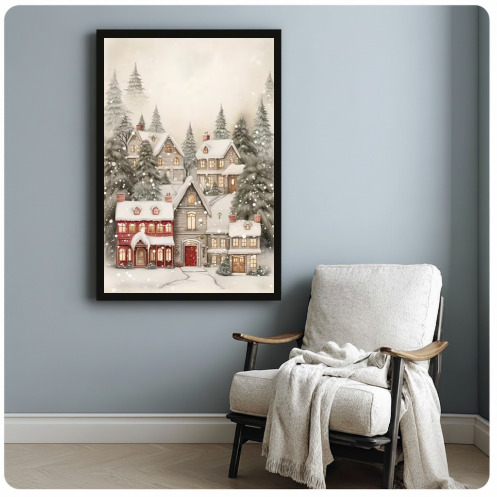 Framed cozy snowy village canvas beside a pale reading chair on a blue gray wall.