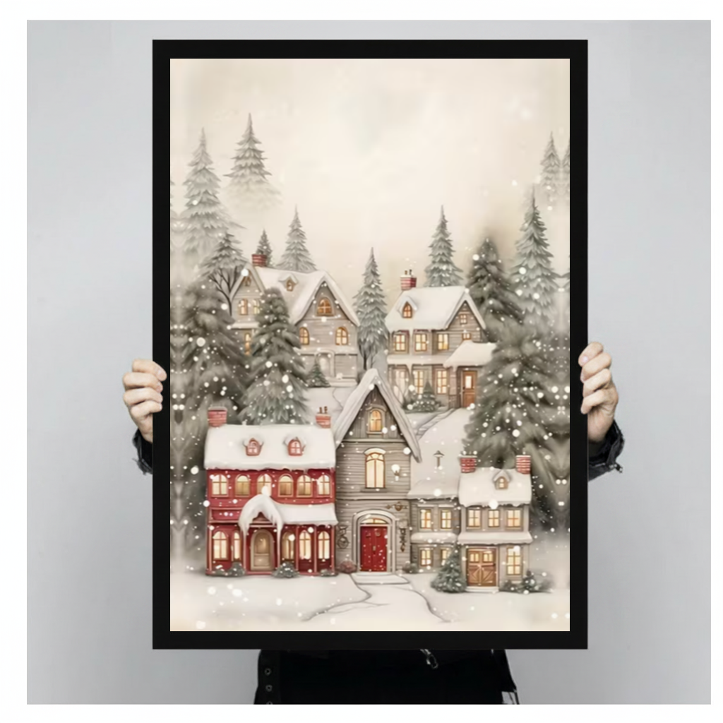 Framed cozy snowy village canvas held by a person against a light neutral background.