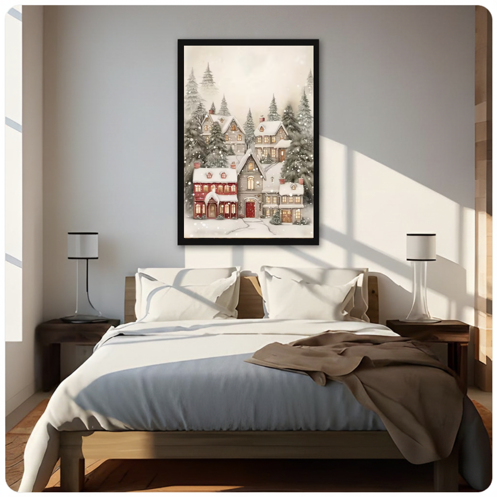 Framed cozy snowy village canvas above a neutral bed beside soft bedroom lighting and lamps.