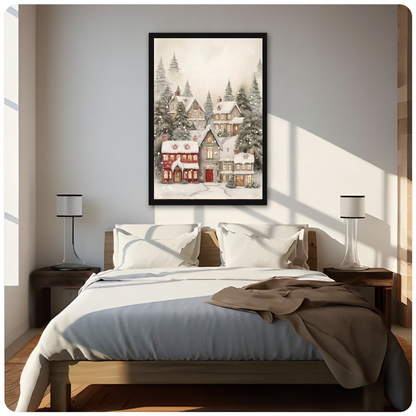 Framed cozy snowy village canvas above a neutral bed beside soft bedroom lighting and lamps.