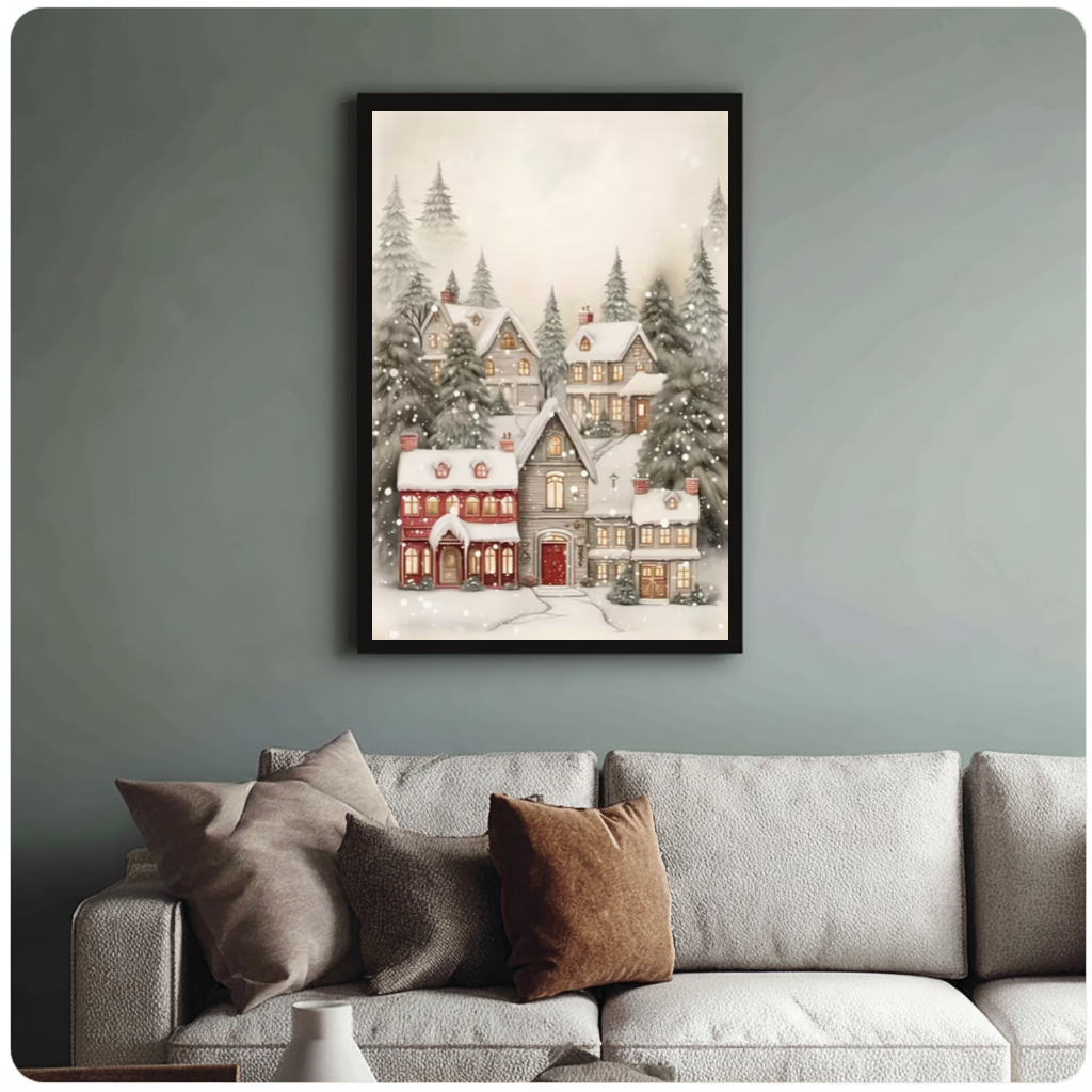 Framed cozy snowy village canvas above a neutral sofa with cushions against a muted wall.
