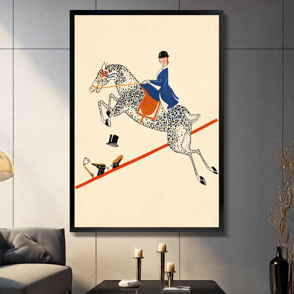 Black framed vintage equestrian balancing act canvas on a dark paneled wall beside warm candles.