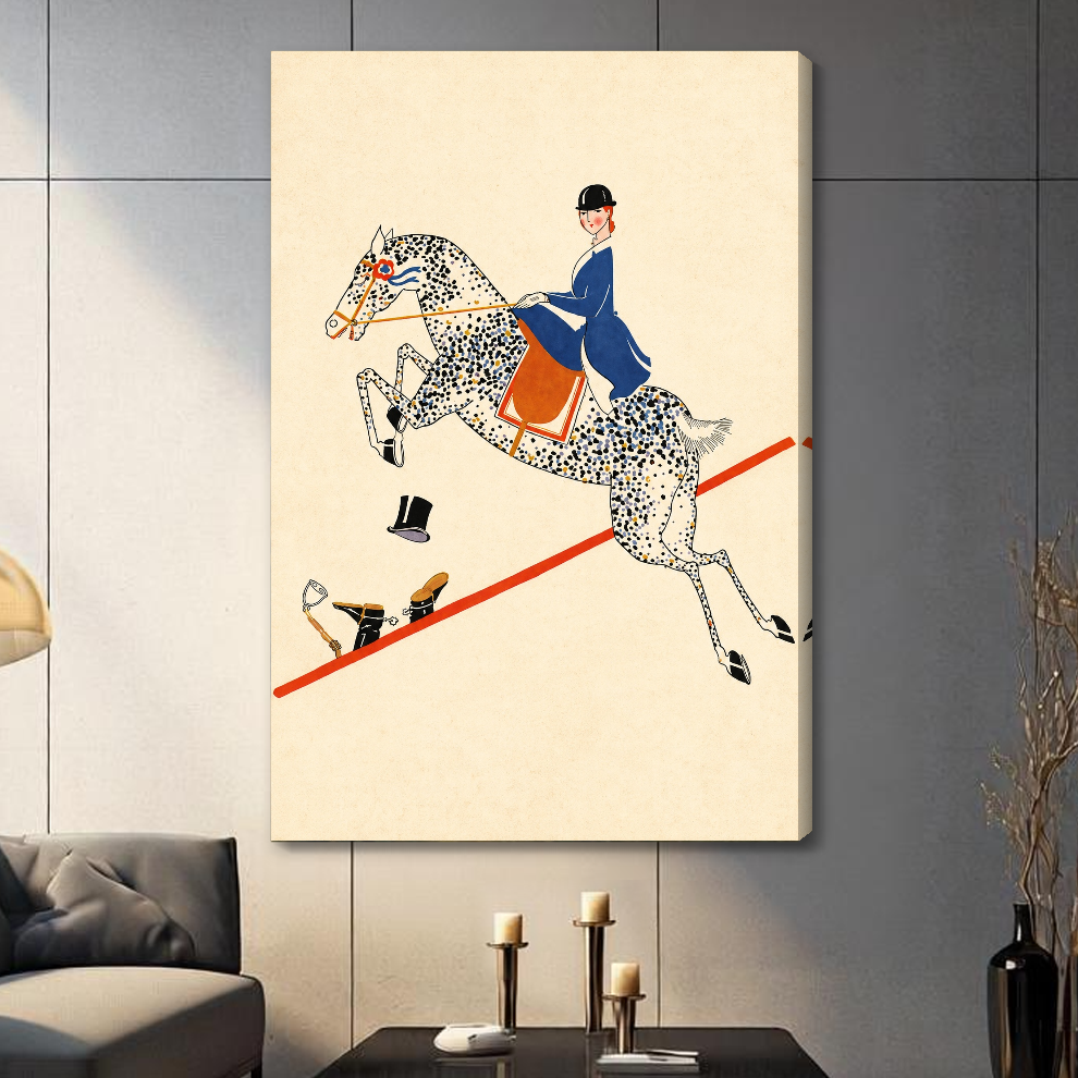 Stretched vintage equestrian balancing act canvas with a shaded wrapped edge in the selected room setting.
