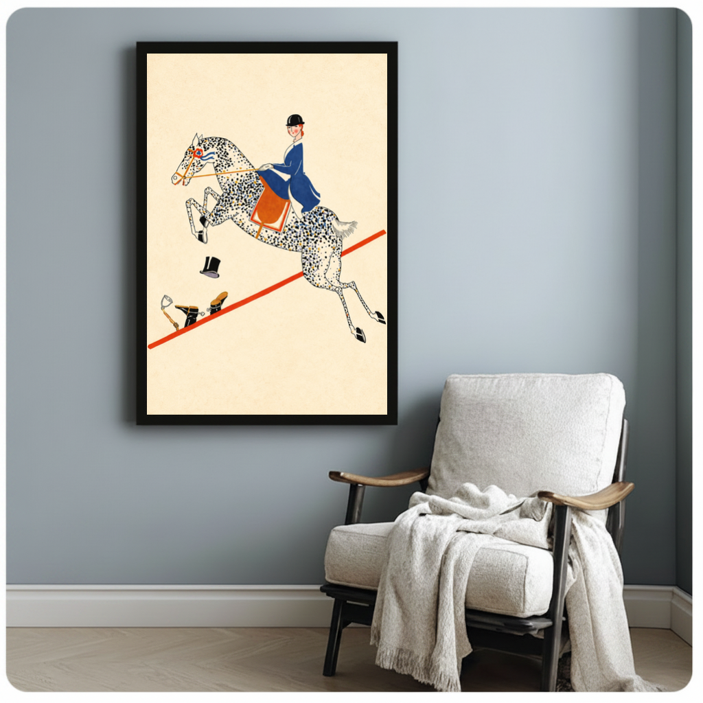 Framed vintage equestrian balancing act canvas beside a pale reading chair on a blue gray wall.