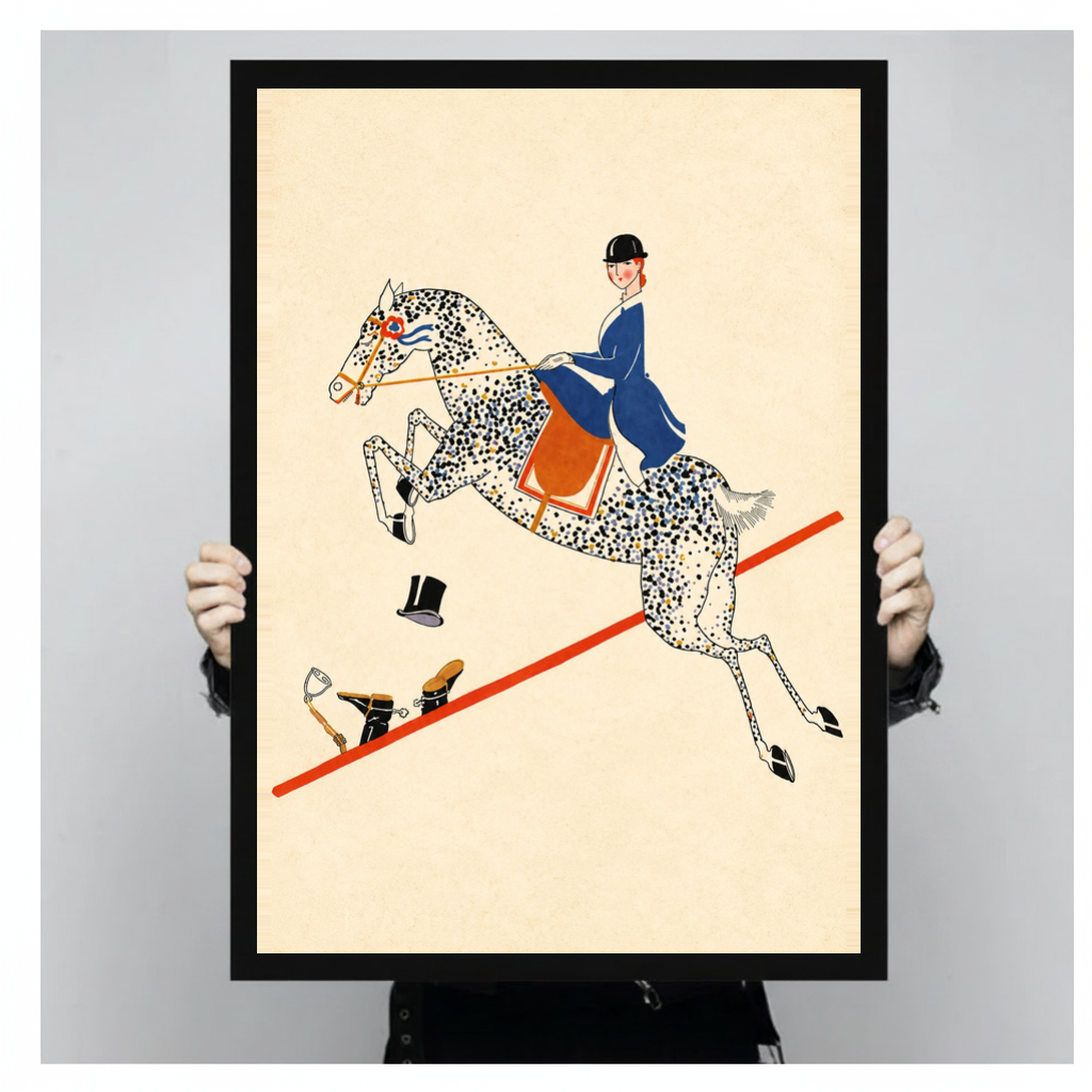 Framed vintage equestrian balancing act canvas held by a person against a light neutral background.