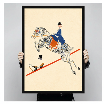 Framed vintage equestrian balancing act canvas held by a person against a light neutral background.