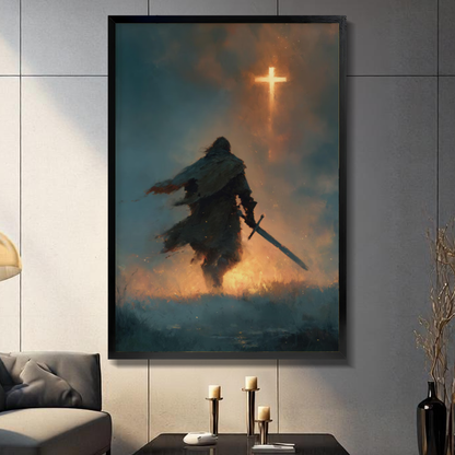Black framed cloaked knight glowing cross canvas on a dark paneled wall beside warm candles.