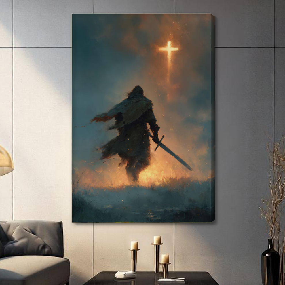 Stretched cloaked knight glowing cross canvas with a shaded wrapped edge in the selected room setting.