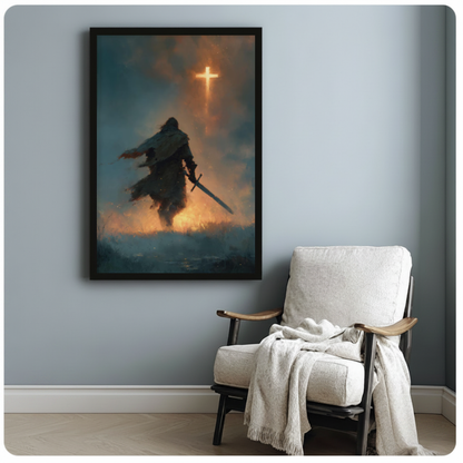 Framed cloaked knight glowing cross canvas beside a pale reading chair on a blue gray wall.