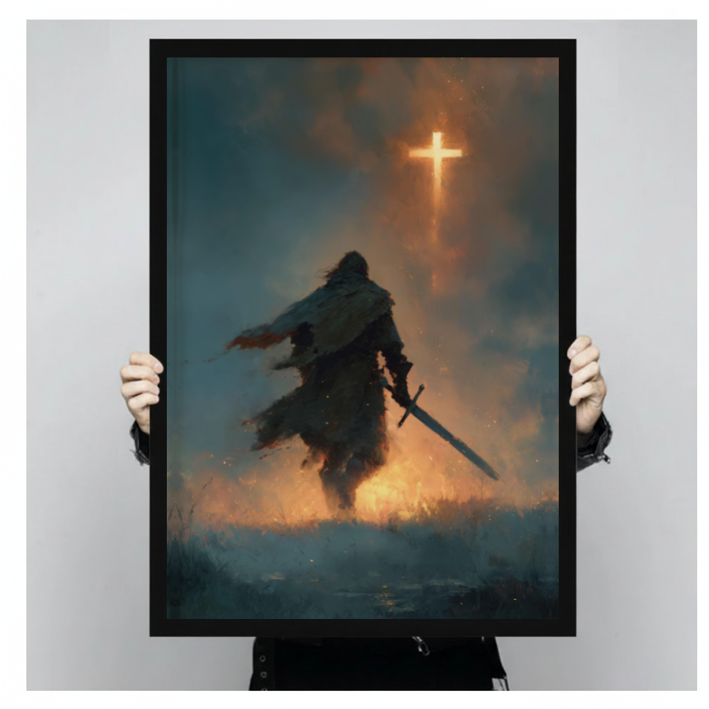Framed cloaked knight glowing cross canvas held by a person against a light neutral background.