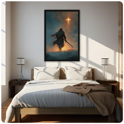 Framed cloaked knight glowing cross canvas above a neutral bed beside soft bedroom lighting and lamps.