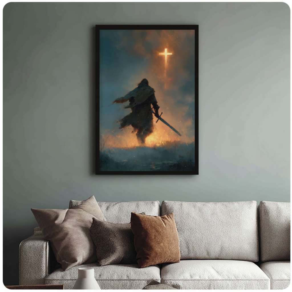 Framed cloaked knight glowing cross canvas above a neutral sofa with cushions against a muted wall.
