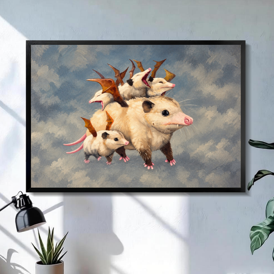 Black framed playful opossum family canvas on a pale wall above a desk and plant.
