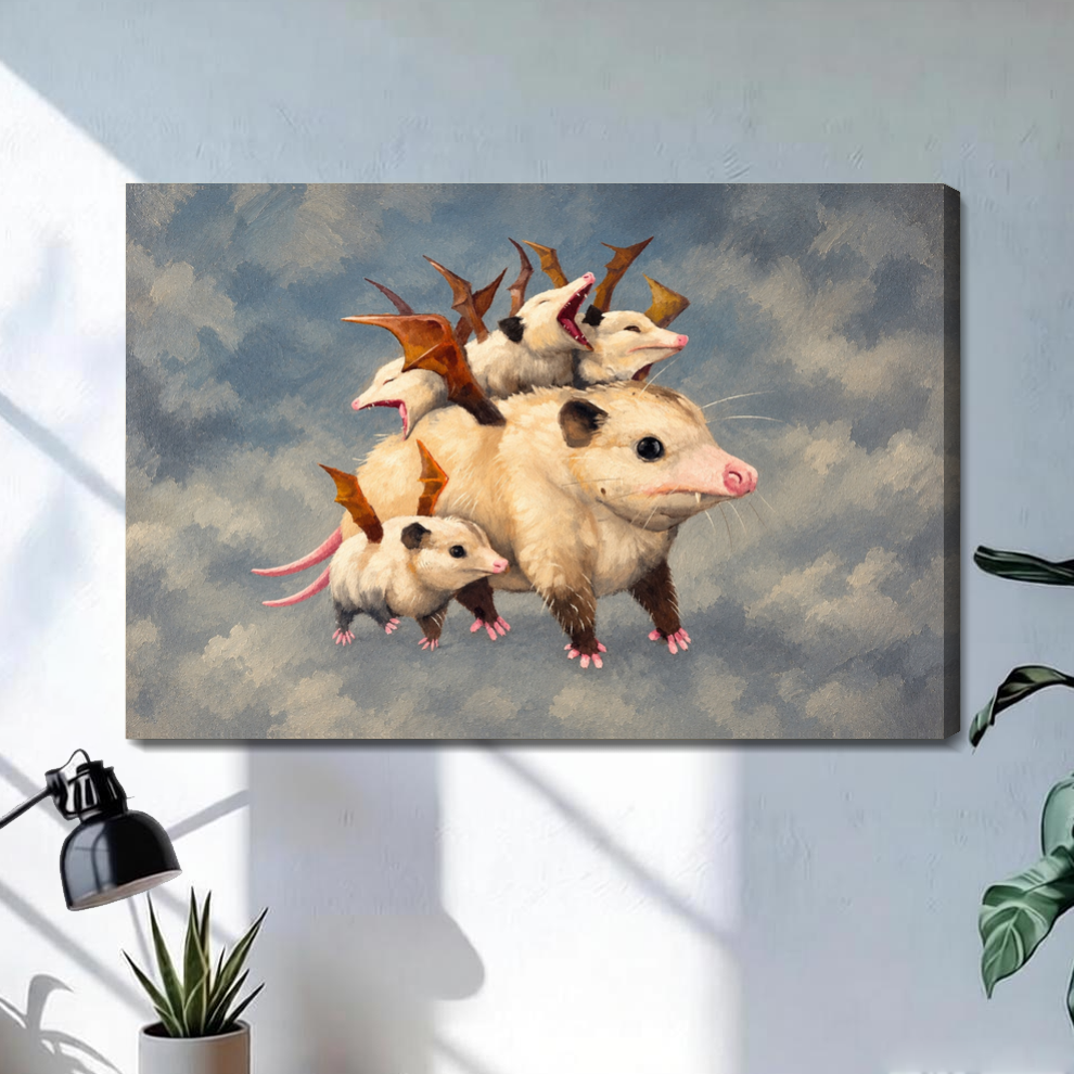 Stretched playful opossum family canvas with a shaded wrapped edge in the selected room setting.