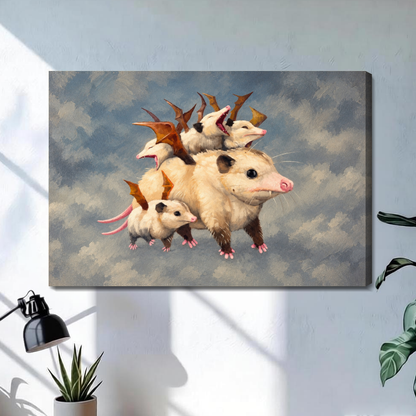 Stretched playful opossum family canvas with a shaded wrapped edge in the selected room setting.
