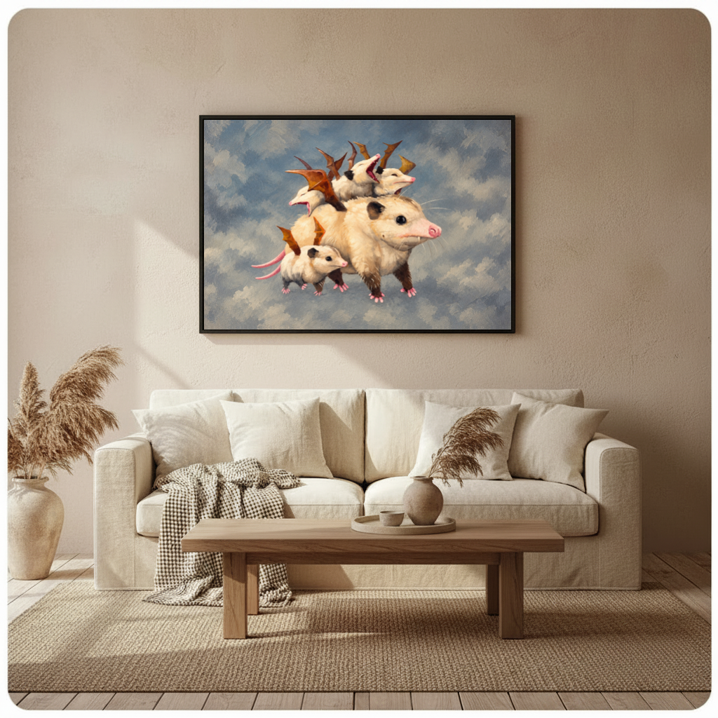 Framed playful opossum family canvas above a neutral sofa beside pampas grass and a coffee table.